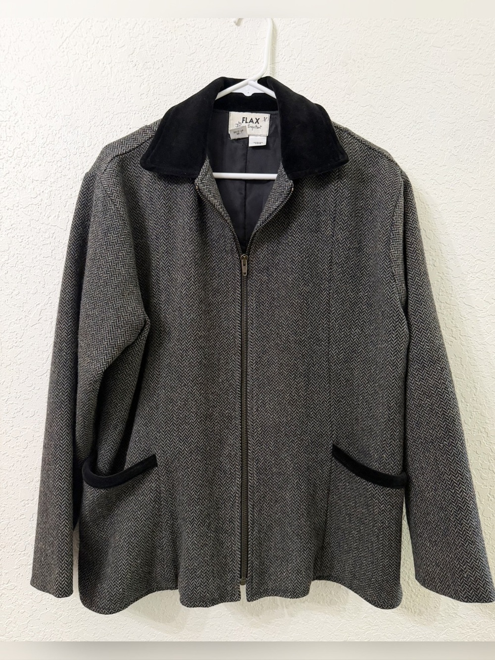 Flax By Jeanne Engelhart Wool Herringbone Utility Brown Jacket - L